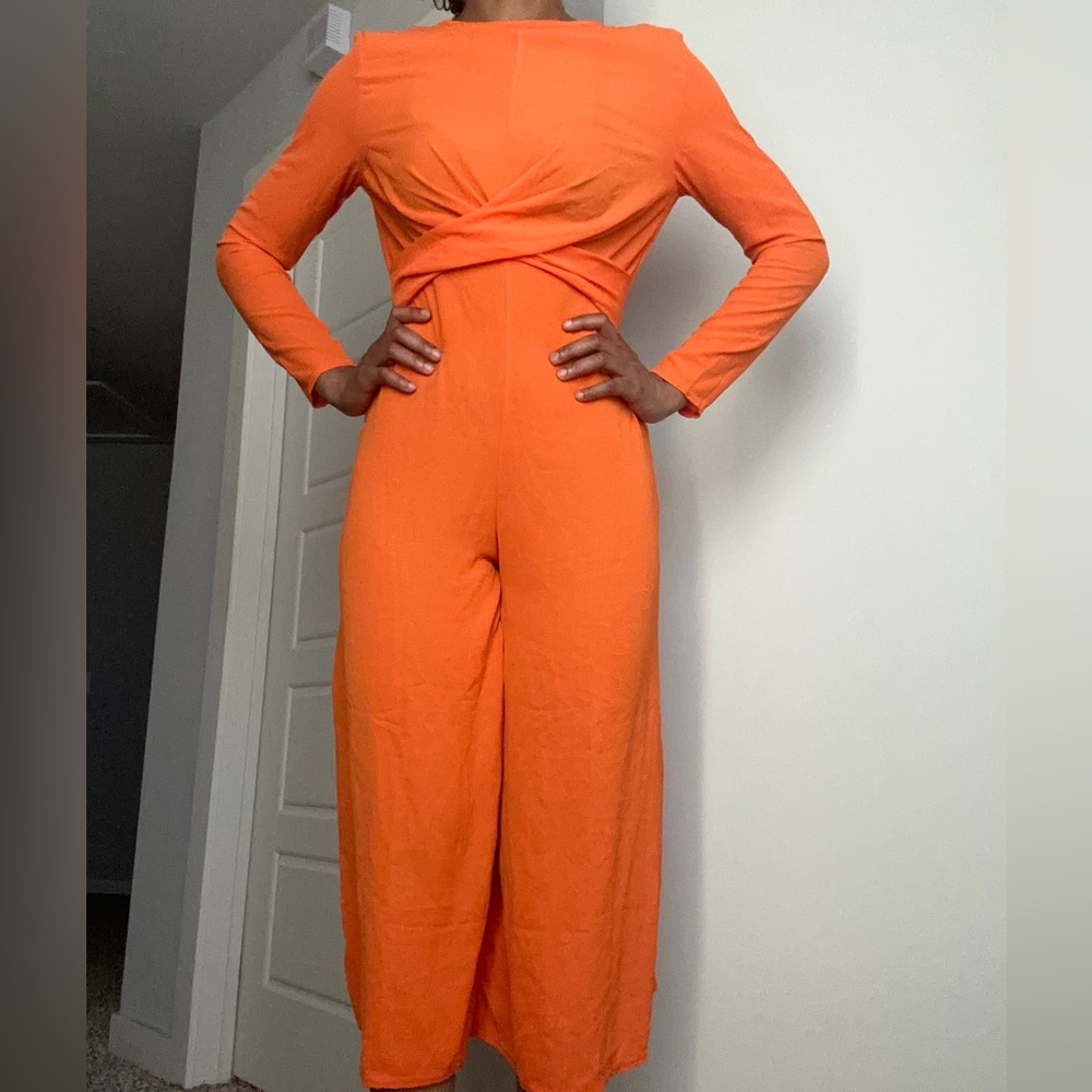Orange long-sleeve Wrap Front Jumpsuit - Picture 8 of 11